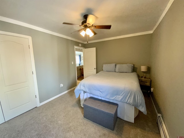 carpeted bedroom with a ceiling fan, baseboards, baseboard heating, and ornamental molding