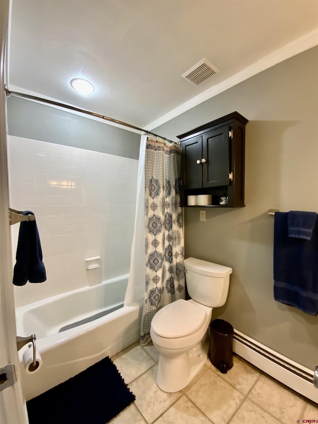 full bath featuring tile patterned flooring, visible vents, toilet, baseboard heating, and shower / bathtub combination with curtain