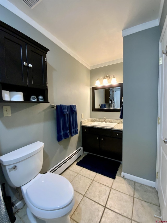 bathroom with tile patterned floors, toilet, ornamental molding, a baseboard radiator, and baseboards