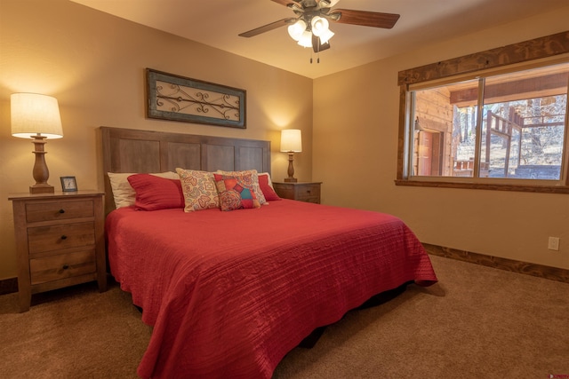 bedroom featuring carpet flooring, ceiling fan, and baseboards