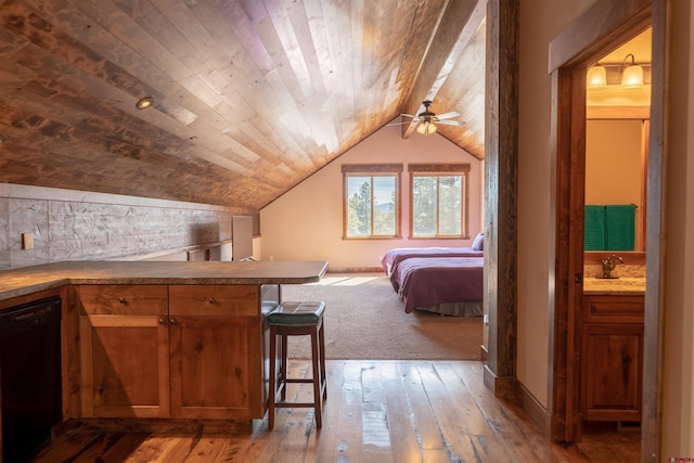 unfurnished bedroom featuring wooden ceiling, lofted ceiling with beams, baseboards, and hardwood / wood-style flooring