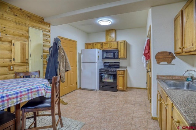 kitchen featuring baseboards, log walls, brown cabinets, black appliances, and a sink