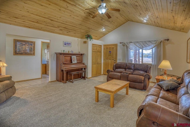 living area with high vaulted ceiling, a ceiling fan, baseboards, light colored carpet, and wood ceiling