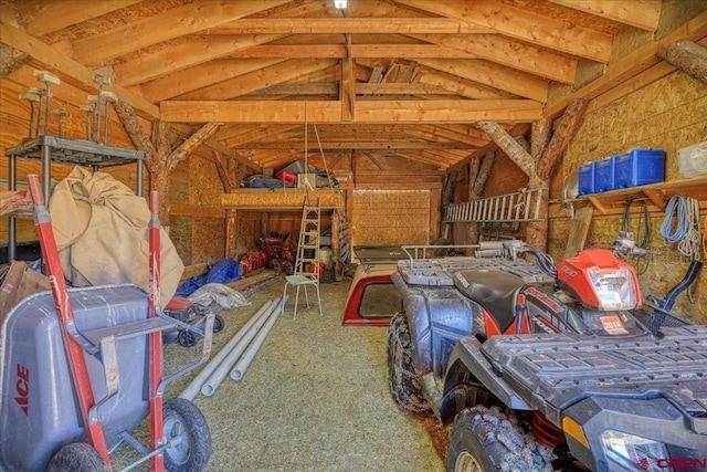 miscellaneous room with a garage and vaulted ceiling