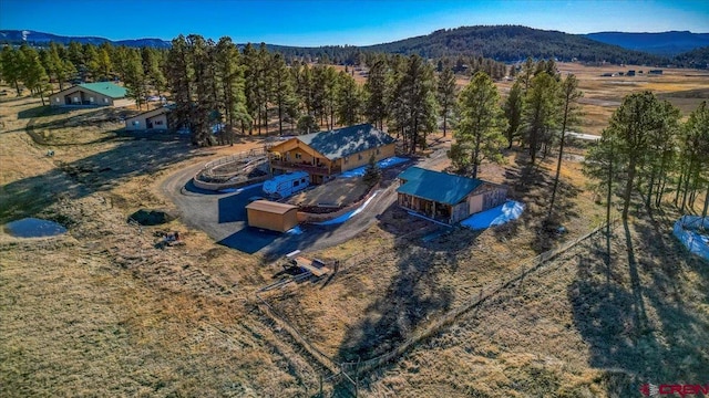 drone / aerial view featuring a wooded view and a mountain view