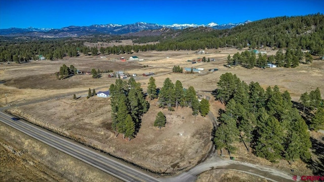 drone / aerial view with a rural view, a mountain view, and a forest view