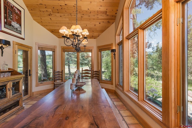 unfurnished sunroom with lofted ceiling, wood ceiling, and a chandelier