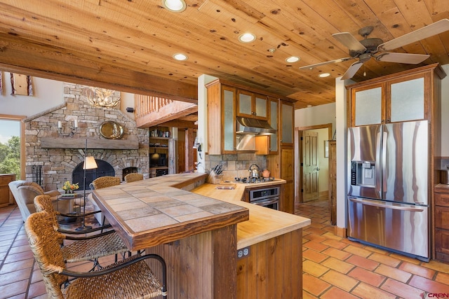 kitchen with a stone fireplace, under cabinet range hood, appliances with stainless steel finishes, wooden ceiling, and backsplash