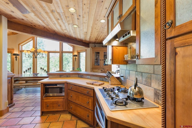 kitchen featuring under cabinet range hood, backsplash, appliances with stainless steel finishes, a peninsula, and wood ceiling