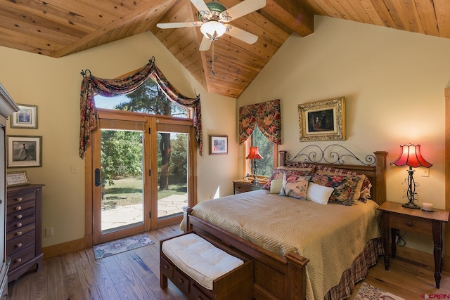 bedroom featuring beam ceiling, wooden ceiling, wood-type flooring, and access to outside