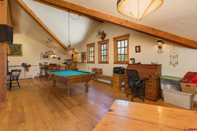 rec room with lofted ceiling with beams, a baseboard radiator, pool table, and hardwood / wood-style flooring