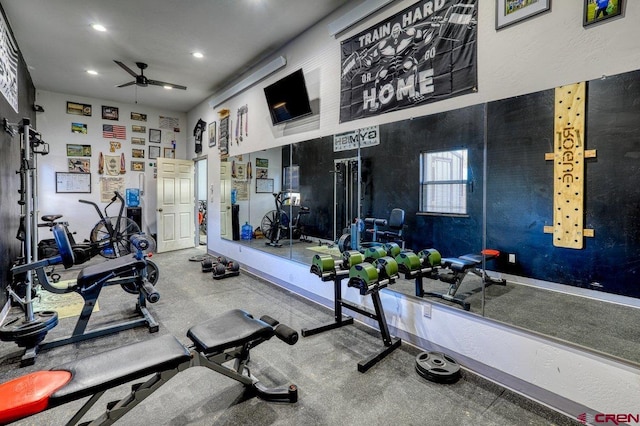 workout area with recessed lighting, baseboards, and ceiling fan