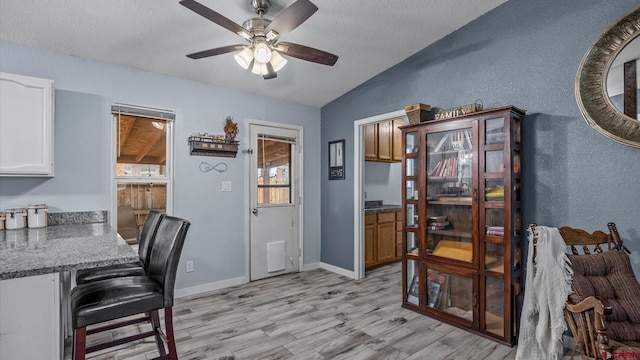 home office featuring vaulted ceiling, baseboards, light wood-type flooring, and a textured ceiling