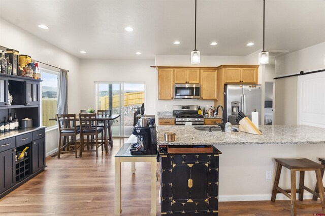 kitchen with light stone counters, wood finished floors, a sink, stainless steel appliances, and a barn door