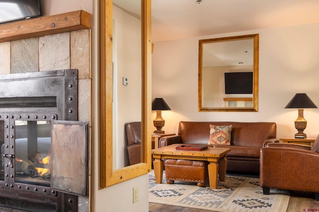 living area with a glass covered fireplace and wood finished floors