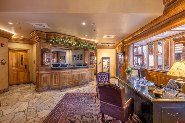 office featuring stone tile floors, visible vents, recessed lighting, and ornamental molding