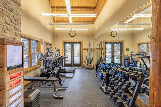 workout area featuring french doors and a towering ceiling