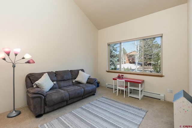 living room featuring baseboard heating, lofted ceiling, and carpet floors