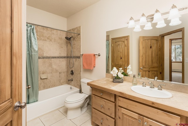 full bath with tile patterned flooring, toilet, baseboard heating, vanity, and shower / bathtub combination with curtain