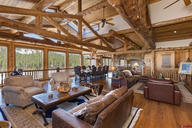 living room featuring hardwood / wood-style floors, beamed ceiling, wooden ceiling, and ceiling fan with notable chandelier