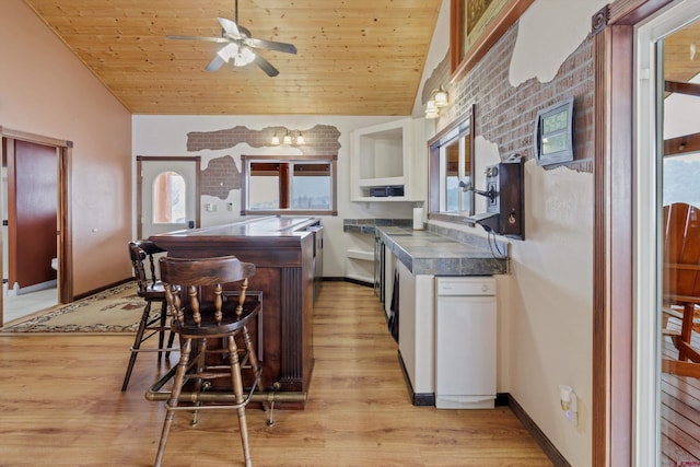 kitchen featuring wooden ceiling, white cabinets, dark countertops, and vaulted ceiling