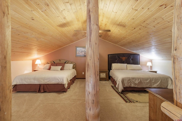 carpeted bedroom featuring lofted ceiling with beams and wood ceiling