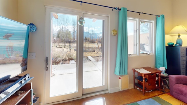 doorway to outside with wood finished floors