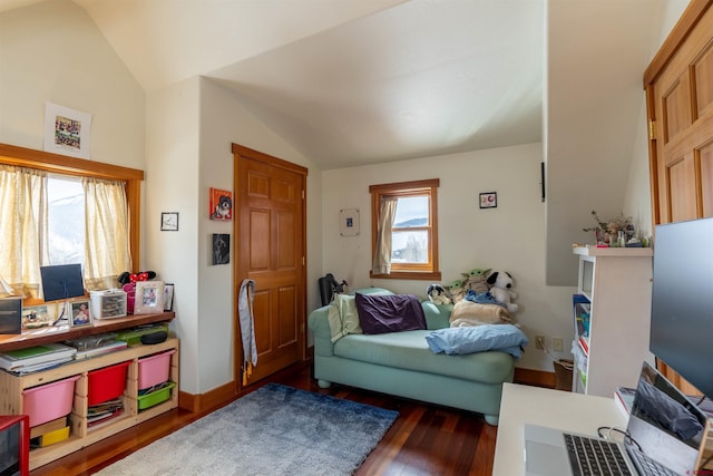 living area featuring baseboards, wood finished floors, and vaulted ceiling