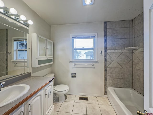 full bath with vanity, visible vents, baseboards, tile patterned flooring, and toilet