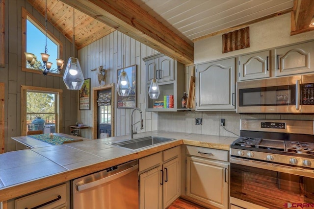 kitchen with lofted ceiling with beams, wooden ceiling, a peninsula, stainless steel appliances, and a sink