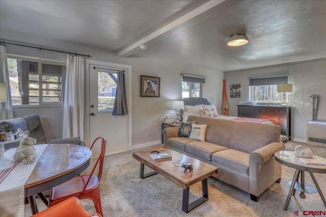 living area with a healthy amount of sunlight, baseboards, and light carpet