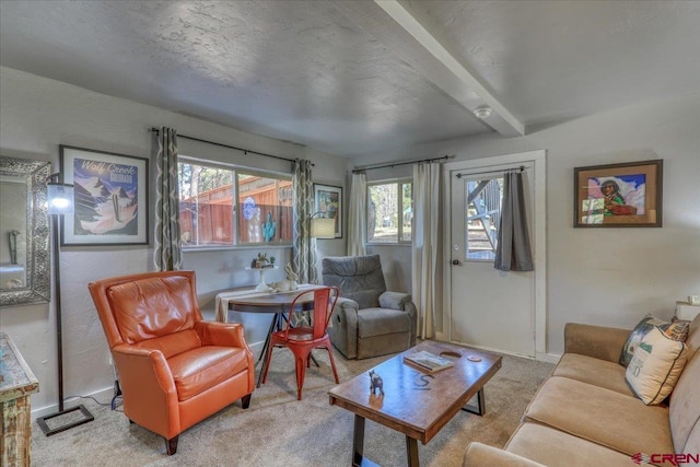 carpeted living area with beam ceiling, a textured ceiling, and baseboards