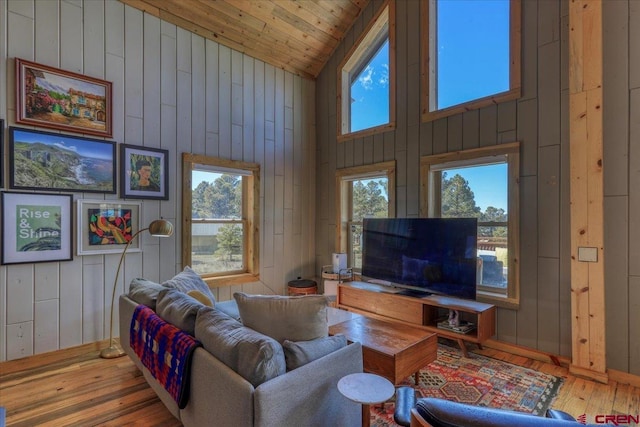 living area with wood ceiling, hardwood / wood-style floors, and wood walls