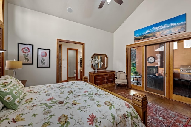 bedroom with access to exterior, high vaulted ceiling, ceiling fan, and hardwood / wood-style floors