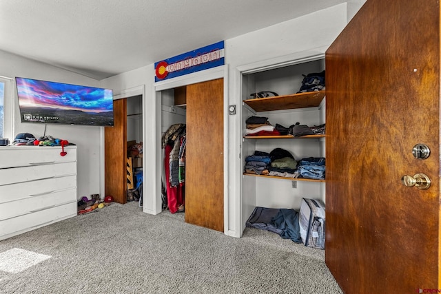 bedroom featuring carpet and two closets