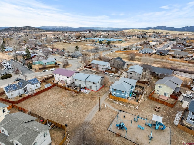 bird's eye view featuring a mountain view and a residential view