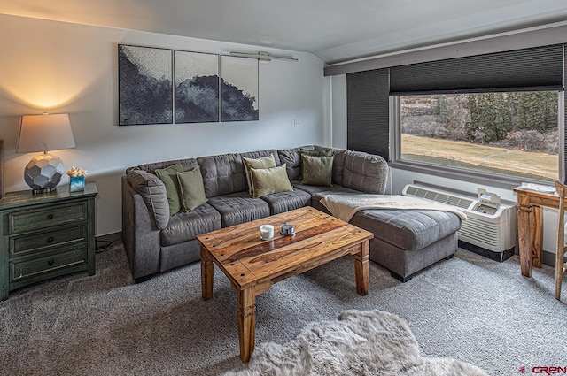 carpeted living room featuring vaulted ceiling