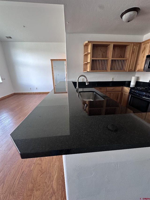530 Redcliff Cir Unit F-203, Ridgway, CO 81432 - kitchen with black gas stove, open shelves, wood finished floors, and a sink
