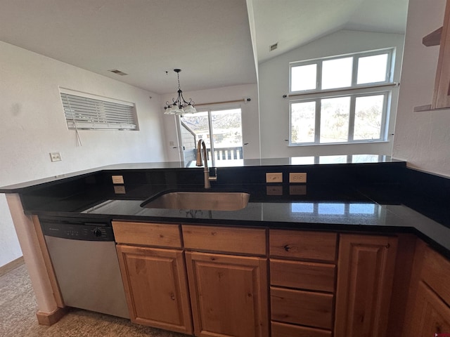 530 Redcliff Cir Unit F-203, Ridgway, CO 81432 - kitchen featuring carpet, lofted ceiling, brown cabinets, stainless steel dishwasher, and a sink