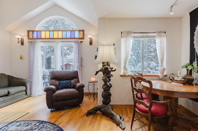 living room with track lighting, wood finished floors, baseboards, and lofted ceiling