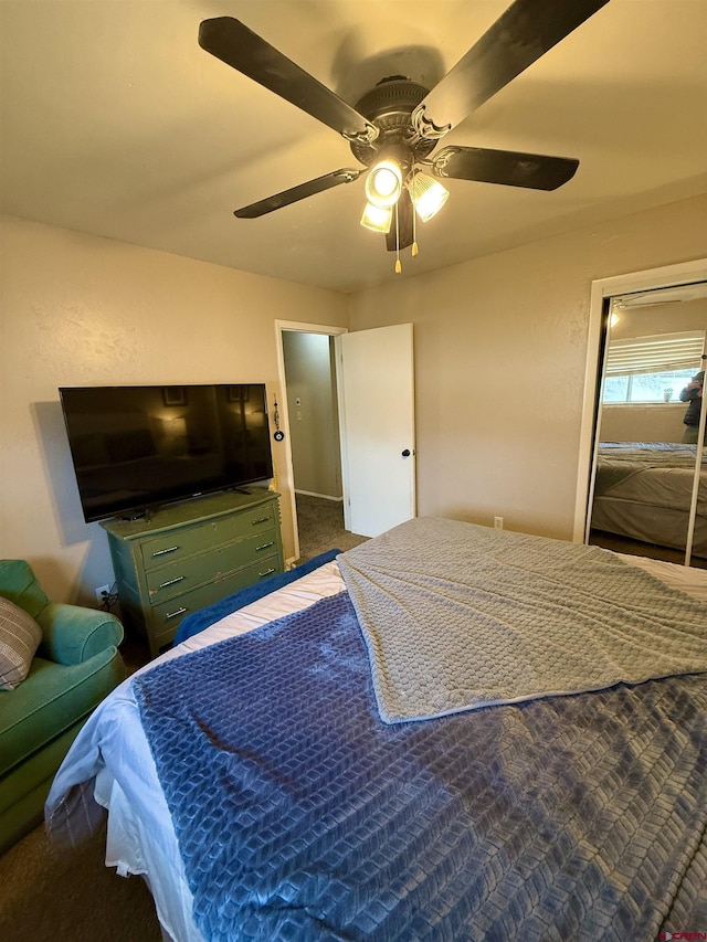 bedroom with carpet flooring and a ceiling fan