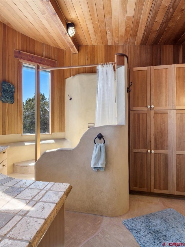 bathroom with wooden ceiling and wooden walls