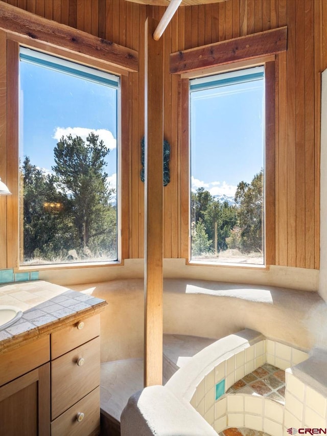 bedroom featuring wood walls and a sink