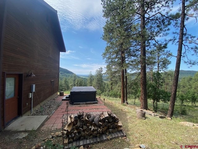 view of yard featuring a forest view and a hot tub