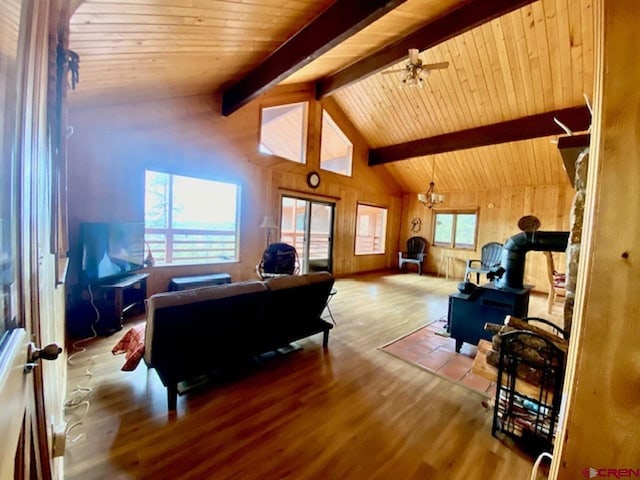 living area with wooden walls, wood ceiling, lofted ceiling with beams, a wood stove, and wood finished floors