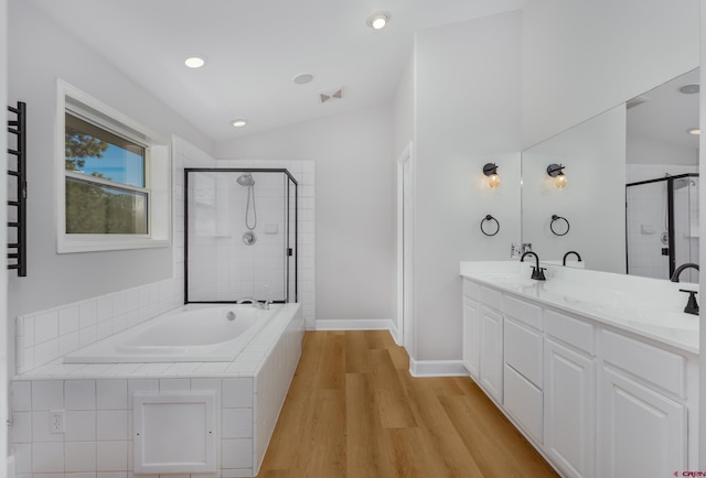 bathroom featuring a sink, double vanity, wood finished floors, and a shower stall