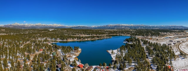 aerial view with a forest view and a water and mountain view