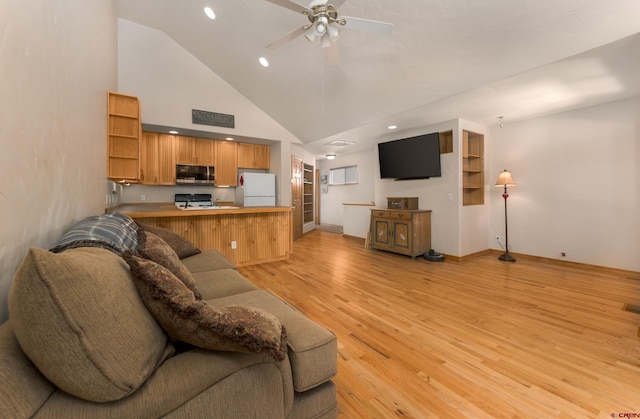 living room featuring light wood-type flooring, visible vents, high vaulted ceiling, a ceiling fan, and recessed lighting