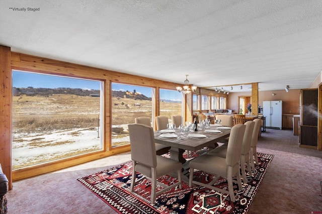dining room with a chandelier, rail lighting, a textured ceiling, and carpet floors