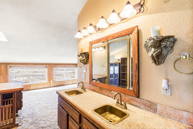 interior space featuring double vanity, a textured wall, and a sink